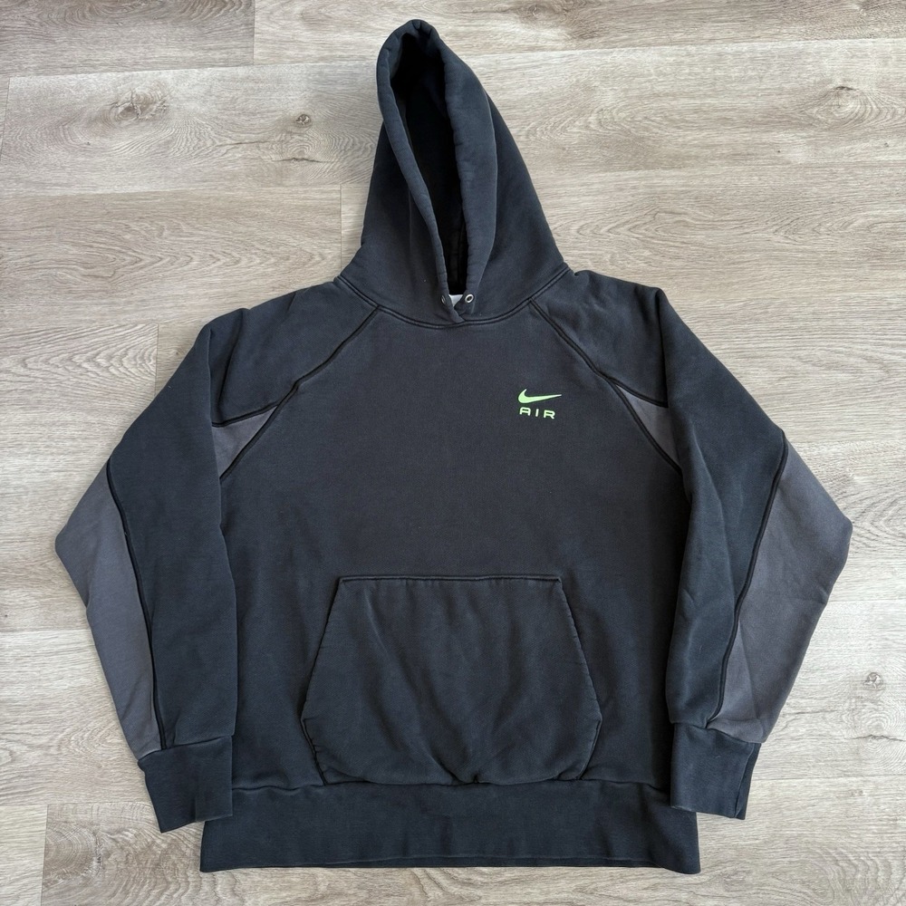 Nike Air Mens Large French Terry Pullover Hoodie Black Grey Neon Green DQ4207